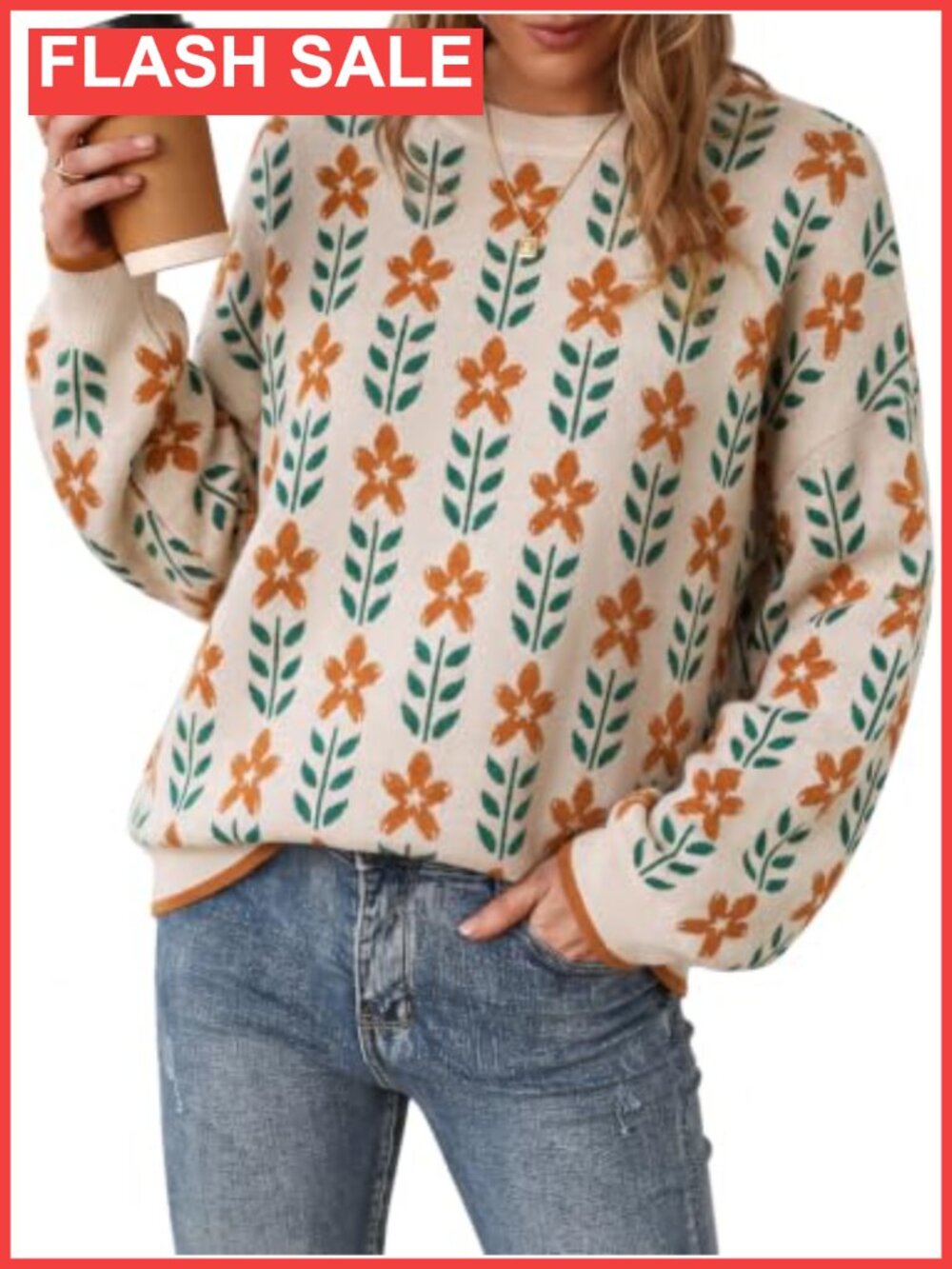 Wool Blend Oversized Crewneck Pullover Sweater Floral Fall Thanksgiving